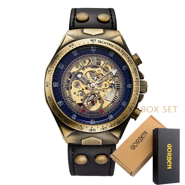 Роскошный топ бренд Ретро автоматические часы для мужчин кожаный ремешок Мода стимпанк Бронзовый стальной скелет для мужчин s механические наручные часы подарок - Цвет: Black BOXSET
