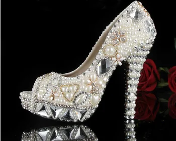 

Silver Popular Formal Shoes Rhinestone Luxurious Pearl Beaded High-heeled Wedding Shoes Bridal Dress Shoes Size 34-43