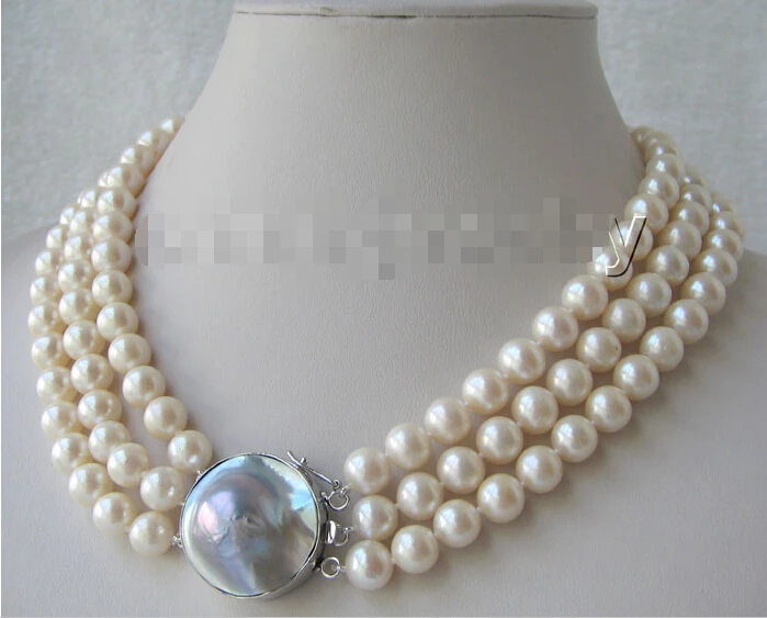 

fast AAAA19"3row 10mm natural white round freshwater pearl necklace-silver Mabe clasp