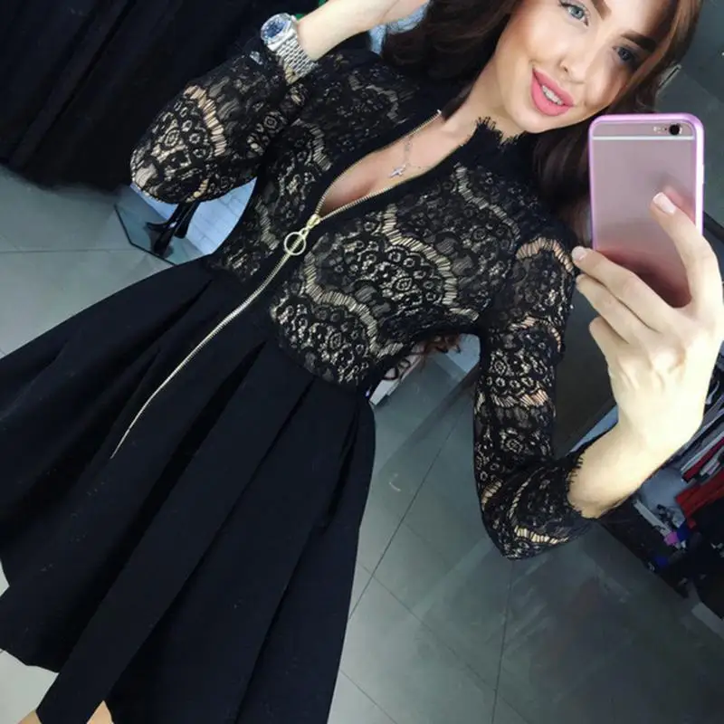 

Sexy Women Lace Hollow Out Mini Dresses 2018 New Arrival Round Neck Joint Three Quarter Sleeve Bubble Dress Zipper Decor