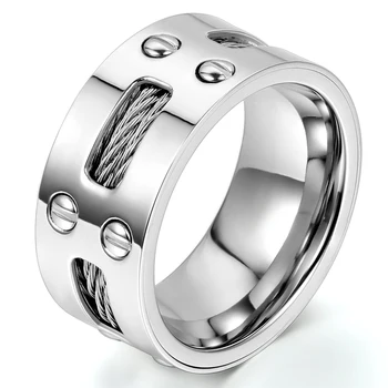

BONISKISS Mens Ring Cool Stainless Steel Engagement Wedding Matching Band with Steel Cables Screws 9mm Size 7-13 Silver Color