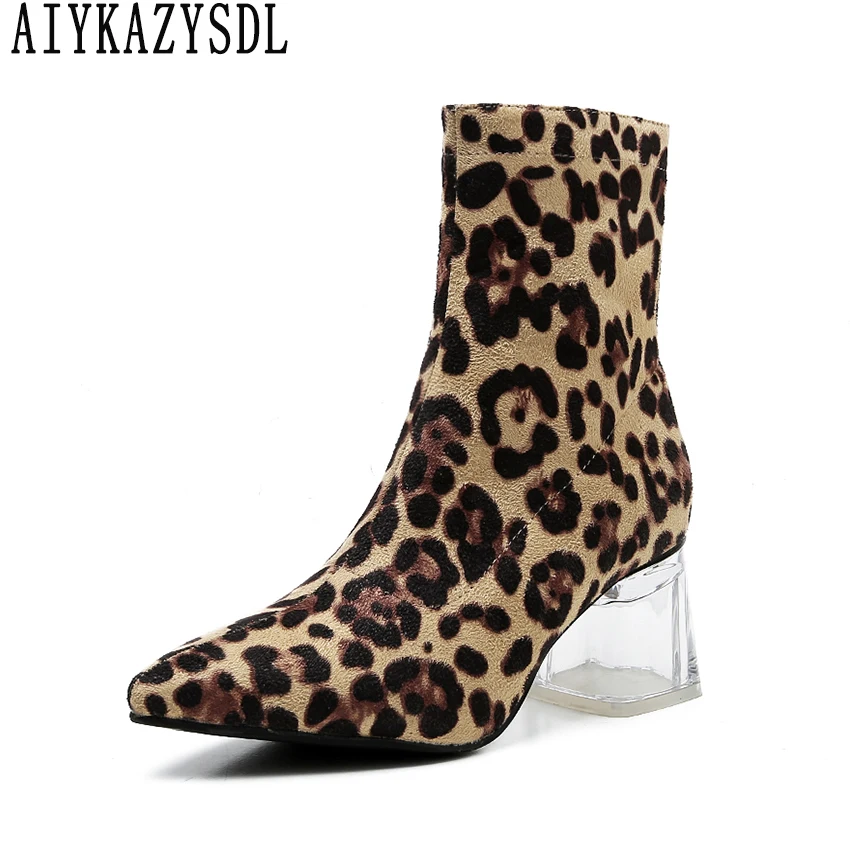 

AIYKAZYSDL Women Leopard Print Boots Ankle Boots Clear Transparet Crystal Heel Spring Autumn Boots Thick Block High Heel Shoes
