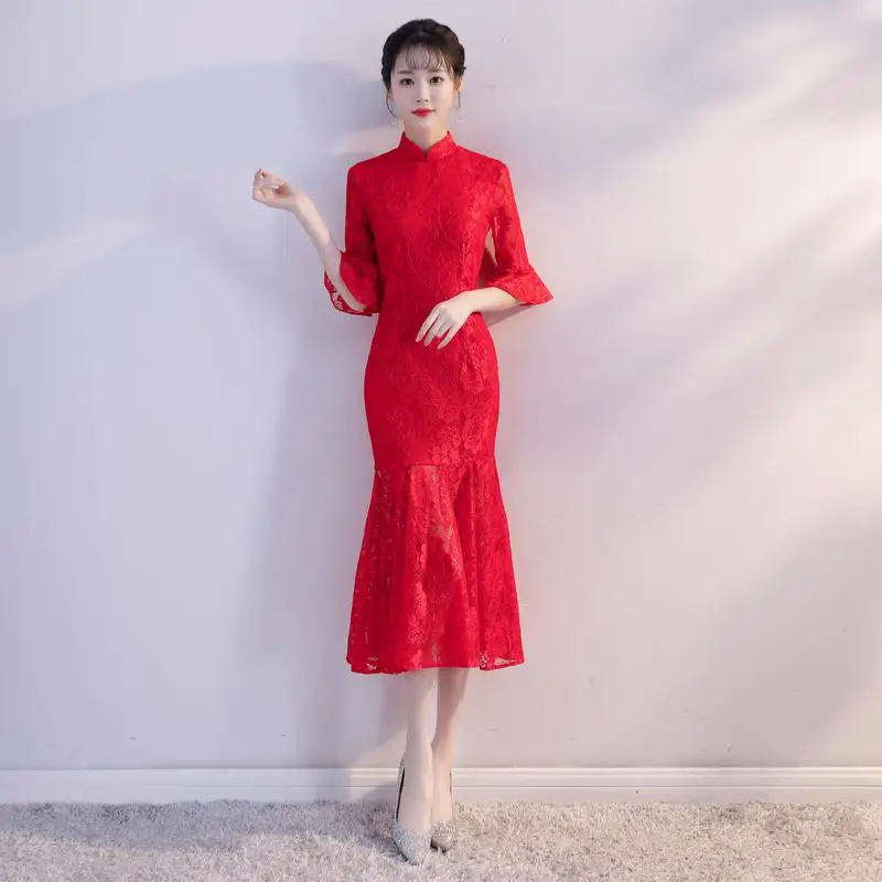 Лето Cheongsam Новинка Платье в китайском стиле женские кружева от Qipao тонкий Платья для вечеринок Леди Кнопка Vestido Размеры S-XXL - Цвет: Красный