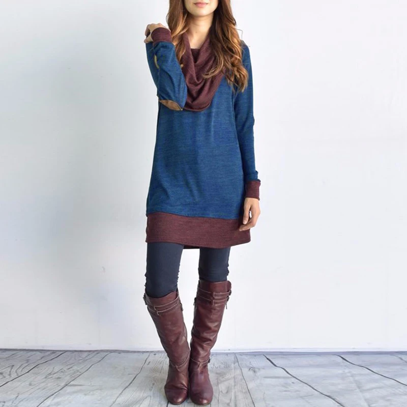 BBYES Plus Szie Women Cowl Neck Tops Women's Long Sleeve Pullover Casual Patchwork Shirt Tops Blouse S-5XL