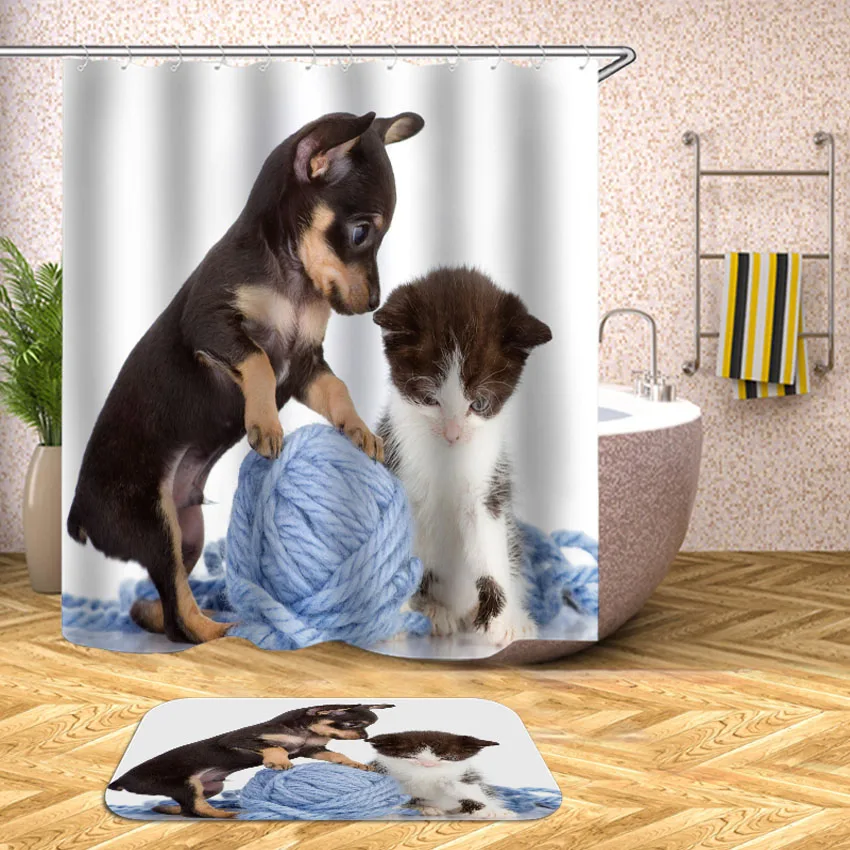 Занавески для душа с принтом кошки и собаки, Мультяшные животные, водонепроницаемые занавески для ванной, занавески для ванной, крышки для ванны, Большие широкие 12 крючков
