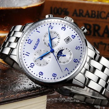 

AESOP Automatic Mechanical Moon phase Watch Men Stainless Steel Wrist hand Wristwatch Male Clock Relogio Masculino Hodinky 9003G