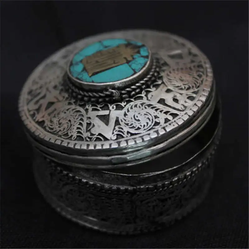 TJB915 Tibet Handmade Jewelry Box Tibetan Silver Vintage Flower Round