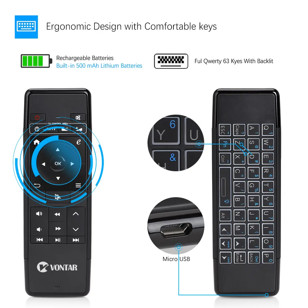 VONTAR 69A Mini Air Mouse & 2 4 ГГц Беспроводной клавиатура с подсветкой дистанционного