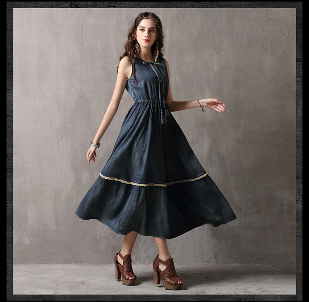 Vintage Summer Tank Dress 2018 Casual High Waist Denim Vestidos O-Neck Swing Hem A-line Elegant Sundress Dress Female K82106 (15)