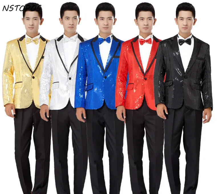 Men Gold Sequin Suit Black White Red Blue Gold Sequin Blazer Jacket