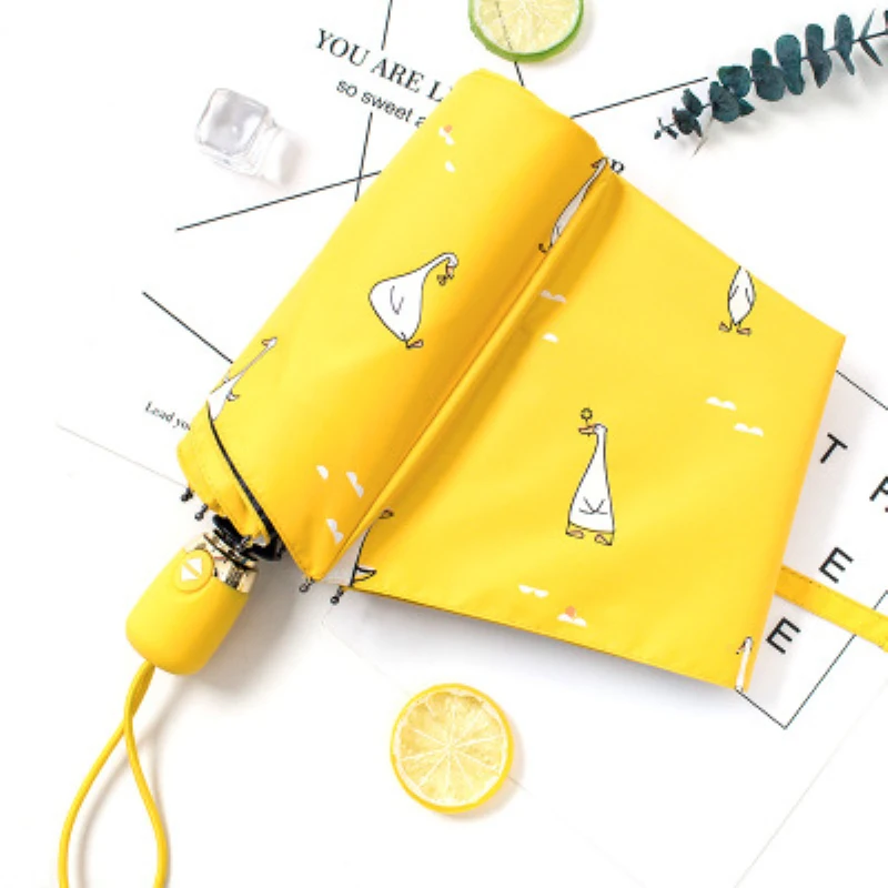 

Lovely Cartoon Duck Pattern Automatic Umbrella Yellow Anti UV Windproof Three Folding Portable Travel Umbrellas for Women Girl