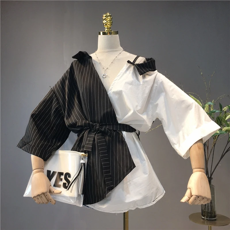 

New Students' Off Shoulder Splicing Irregular Medium Length Shirt 2018 Summer Women's Wear Striped 3/4 Sleeve Loose Blouses Tops