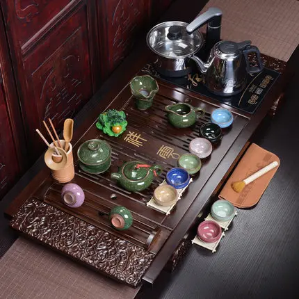 Китайский чайный набор из фиолетовой глины кунг-фу, домашние керамические чашки, чайный набор, электрическая Магнитная печь, чай, тайваньский деревянный поднос, чайная церемония - Цвет: 03 Set
