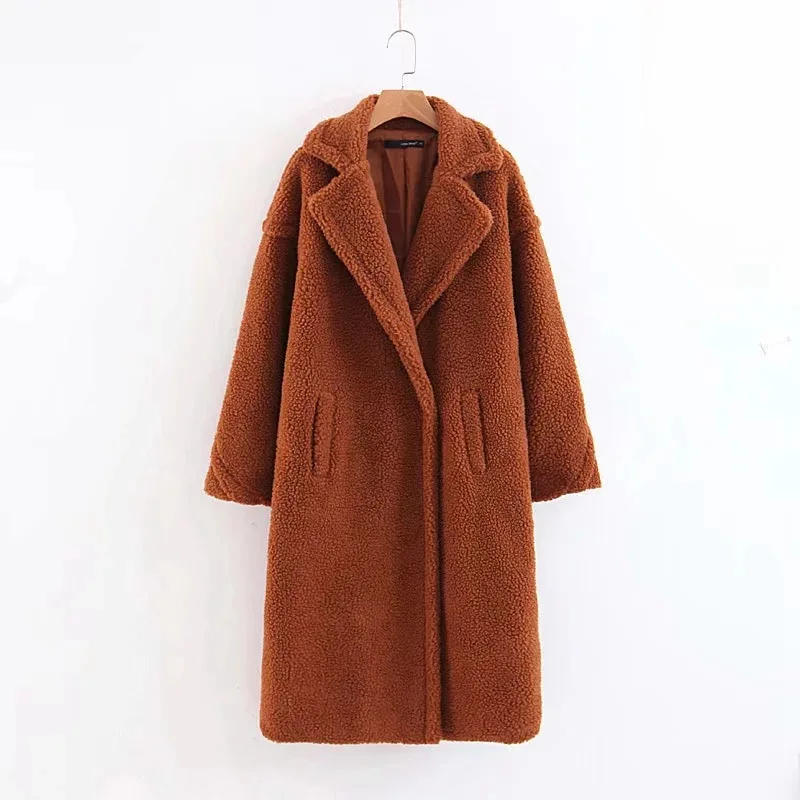 Nagodo teddy coat 2018 winter long faux fur coat women brown red casual lamb wool coat warm oversized furry plush coat plus size