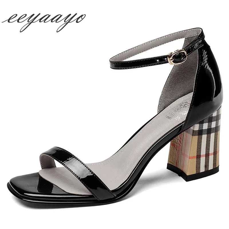

2019 New Summer Genuine Leather Women Sandals High Square Heel Peep Toe Sexy Ladies Women Cow Leather Shoes Black High Heels