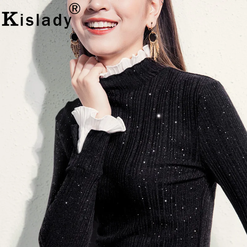 Kislady, блестящие топы для фитнеса, женские,, яркий, Шелковый экран, джемпер, женский, черный, белый, с расклешенными рукавами, размера плюс, футболки