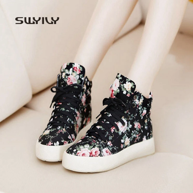 SWYIVY Women Walking Shoes Printing Flowers Canvas Inner Height Sneakers 2018 New Lace-up Sweet Girls Shoe Light Female Sneakers