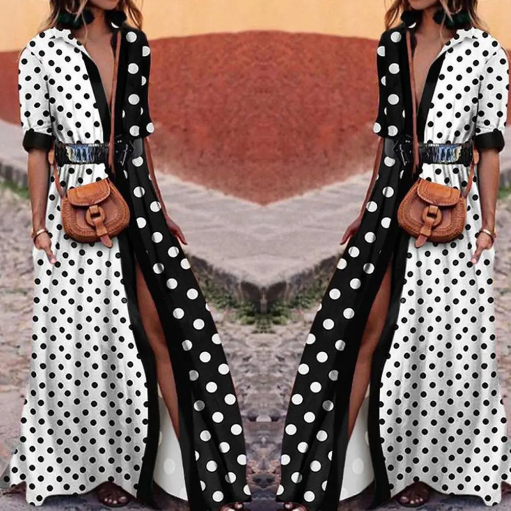 

Women Long Dress Dot V Neck Half Sleeve High Waist Sexy Ladies Evening Party Clubwear Femme Beach Summer Long Dress