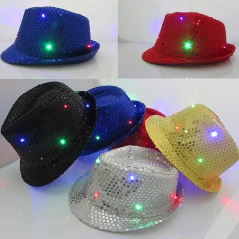 Светящиеся блестки шапки вечерние шляпы для танцев мигающие шляпы светящийся светодиодный Fedora Trilby праздничный подарок на Рождество Декор