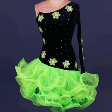 С одним рукавом Зеленый универсальные черного цвета с цветочками для вечеринок Алмазный латинских танцев Румба ча-ча танго vestido latinodance платье конкурс одежда S-XXXL