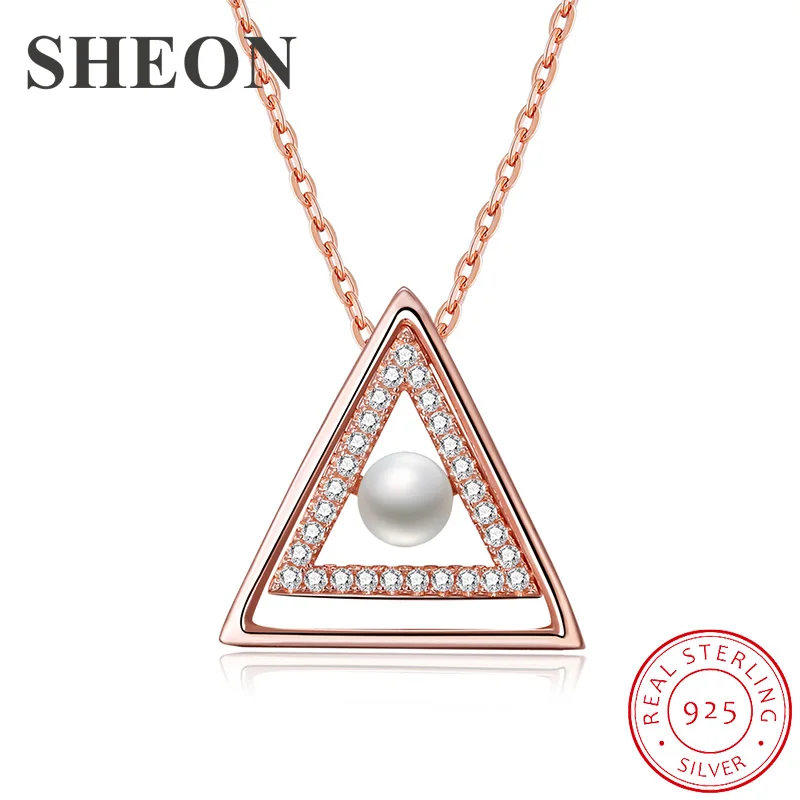 

SHEON New Arrival Korean Fashion Triangle Pearl Sterling Silver 925 Necklaces & Pendants With CZ Women Stering Silver Jewelry