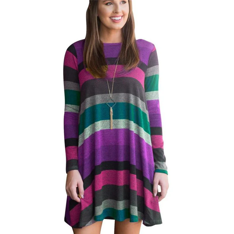 

2019 Brand Women Long-Sleeved Striped Dresses Spring Winter Female Cotton Clothing Ladies Slim Sexy Round-Neck Hedging Dress