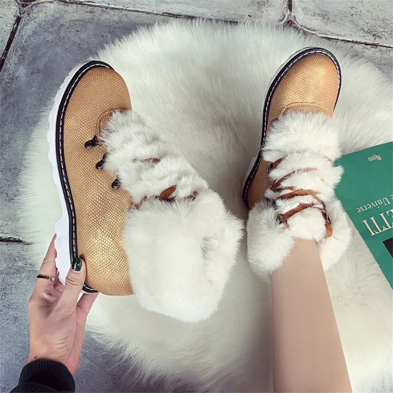 

COOTELILI Winter Fur Ankle Boots For Women Leather Warm Shoes Woman Female Snow Boots White Flats Lace up botas mujer 35-40