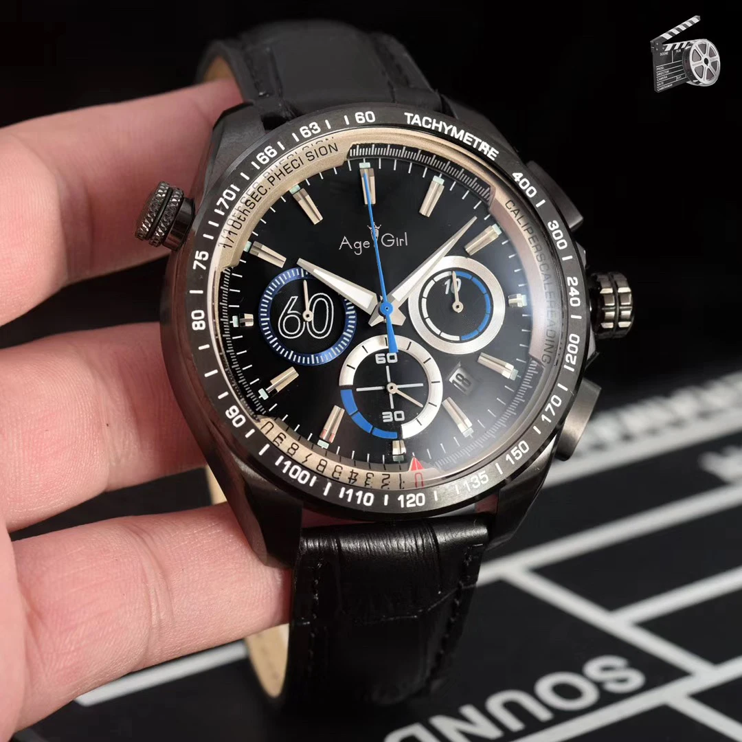 

Luxury Brand New Men Chronograph Silver Red Blue Black Leather Stainless Steel Watch Luminous Sport Stopwatch AAA+
