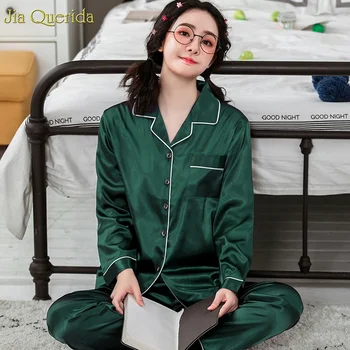

Adult Pyjamas New Girls Satin Silk Pajamas Green Long Sleeve Autumn Clothes Luxury Home Clothes Plus Size Female Nightwear Home