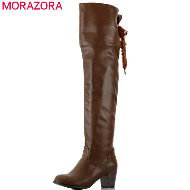 

MORAZORA 2019 new arrival over the knee boots women pu round toe autumn winter boots lace up thigh high boots high heels shoes