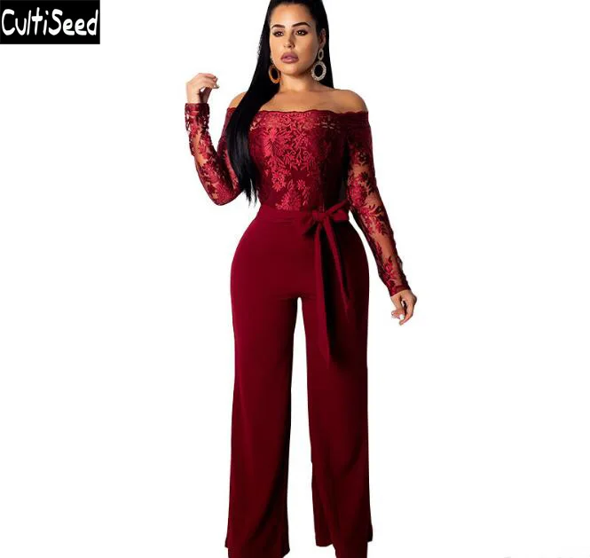 

Cultiseed 2019 Female Sexy Slash Neck Lace Jumpsuits Rompers Clothing Ladies Wide Leg Pants Office Work Party Jumpsuits Clothes