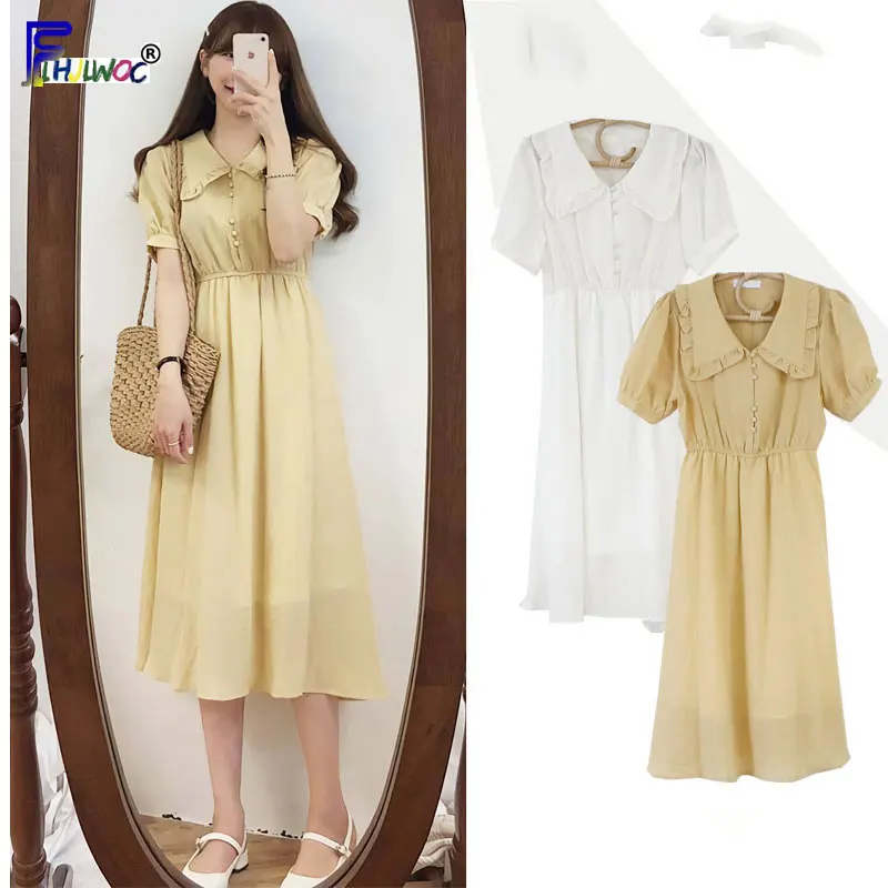 

Good Chiffon Dresses Long Hot Sale Woman Korea Style Short Sleeve Slim Waist A Line White Yellow Button Shirt Dress Vintage 6430