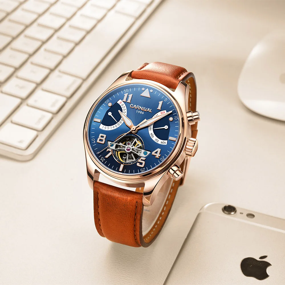 

Tourbillon relogio masculino Rose Gold Case Blue Dial Carnival Automatic Watches Men Luxury Brand Mechanical Clock Fashion 2017