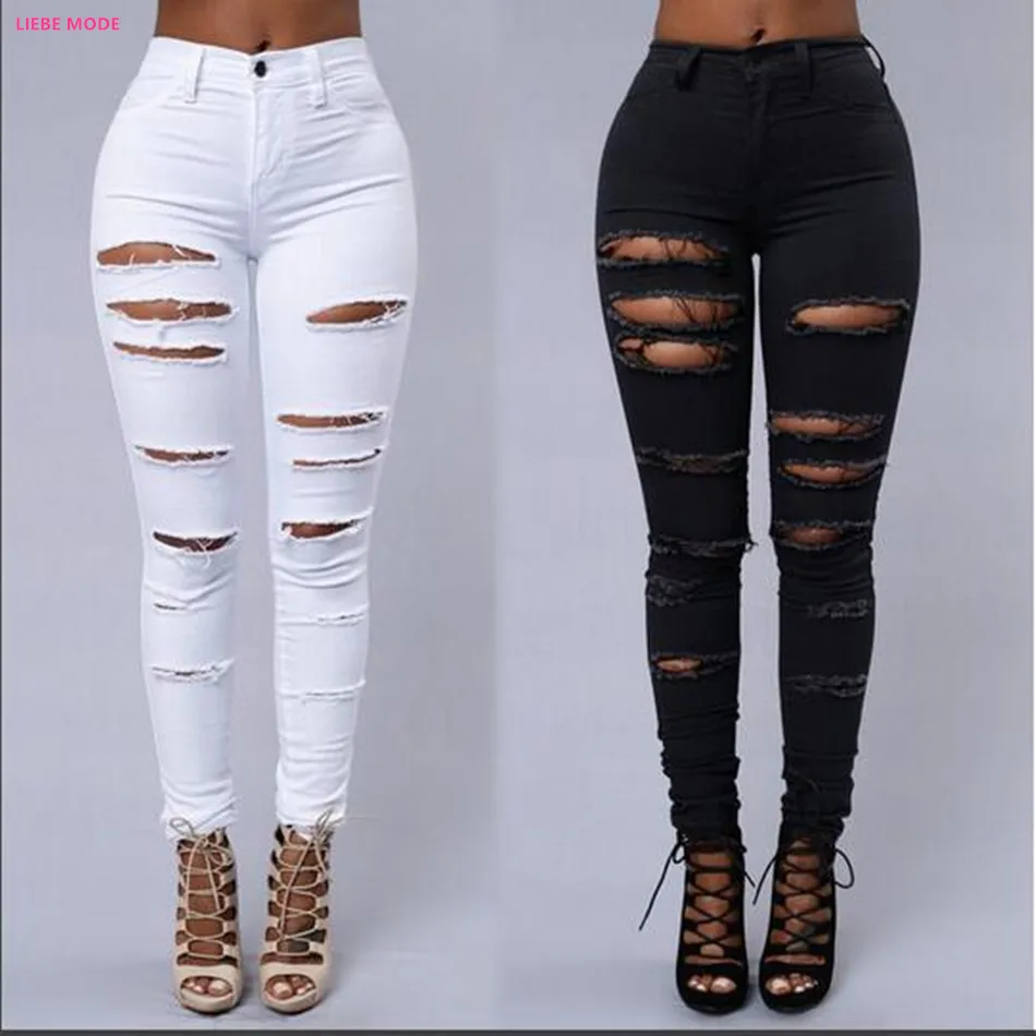 

2017 Punk Hip Hop Knee Broken Hole Jeans Womens Sexy Slim Bootcut Jeans Women Stretch Push Up Pencil Pants Black White