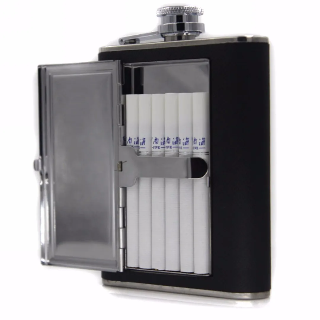 Portable Stainless Steel Liquor Wine Alcohol Flagon Hip Flask + Cigarette Case Black 2018 New