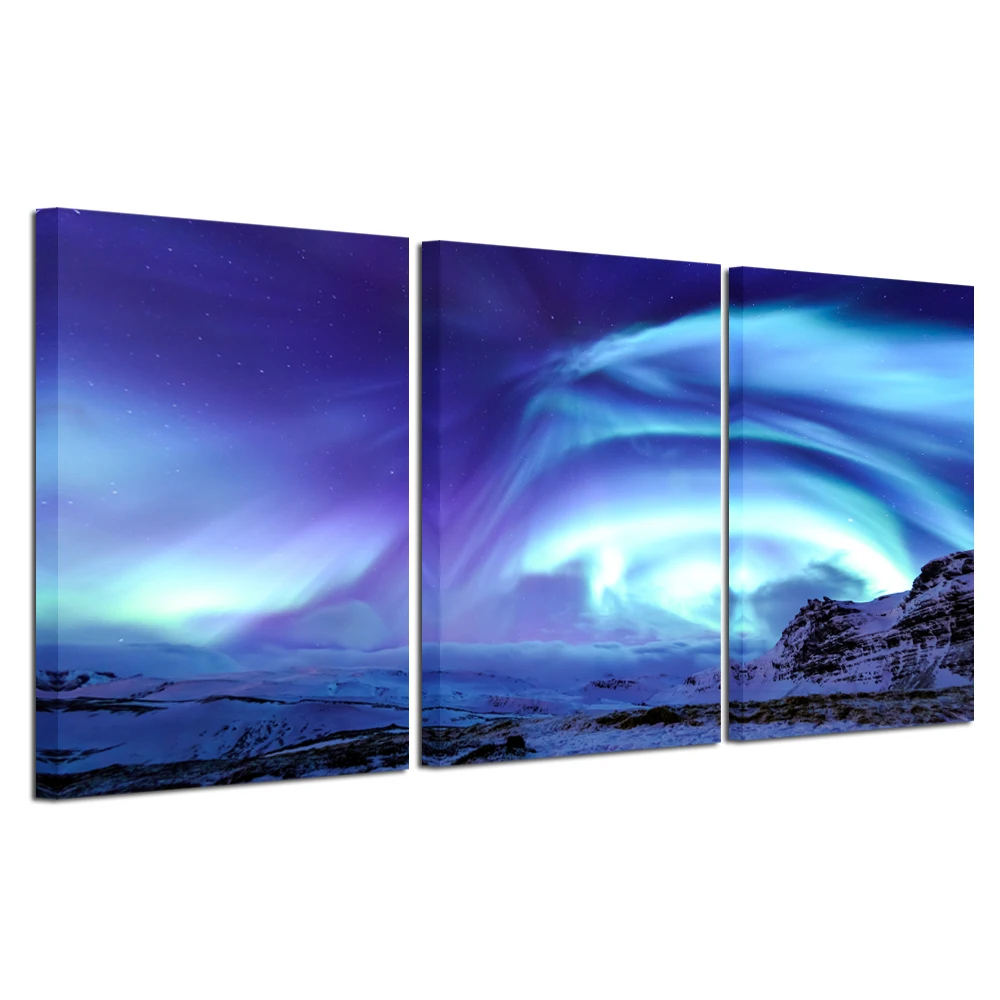 3 Pieces Modern Canvas Painting Wall Art Blue Green Modern Aurora