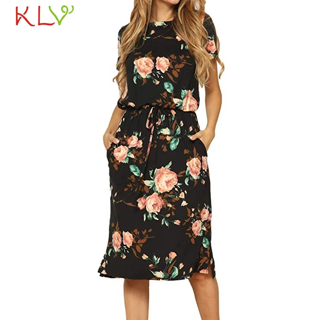 

Dress Women Elegant Short Sleeve Floral Pocket Casual Summer Knee Dress Party Night Dress 2019 PlusSize Vestidos Robe Femme 19My