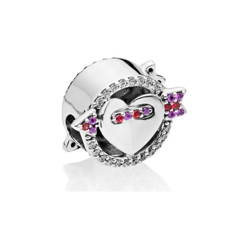 

100% Real 925 Sterling Silver fit Pandora Bangle Sparkling Arrow & Heart Charm, Red & Clear CZ, Royal Purple Crystals