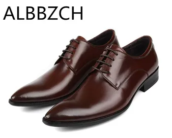 

New Mens Derby Pointed Toe Dress Shoes Men Wedding Shoes Real Cow Leather Laces High Grade Business Office Work Shoes Size 38-45