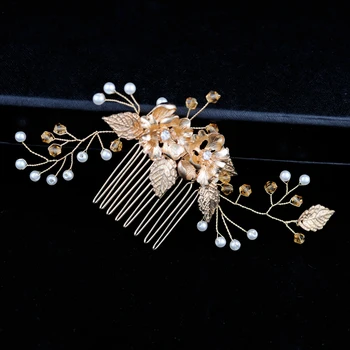 

TOPQUEEN Fashion Bridal Hair Ornaments Gold Leaf Crystal Wedding Hair Comb Female Hair Clip Pearl Personalized hair comb HP134