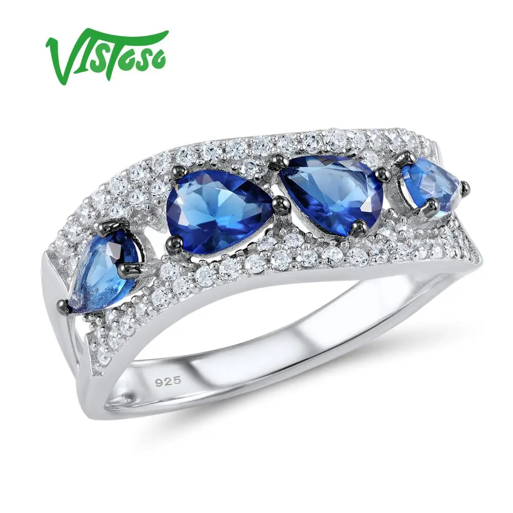 

VISTOSO Silver Ring For Women 925 Sterling Silver Blue Crystal Rings for Women 2018 Cubic Zirconia Ringen Party Fashion Jewelry
