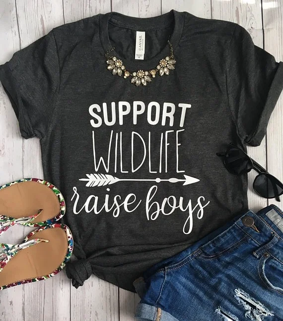 

Style Women's T Shirt Support Wildlife Raise Boys Letters Printed Women O-Neck Casual Funny T-Shirt Mom Shirt Mom Life Shirt
