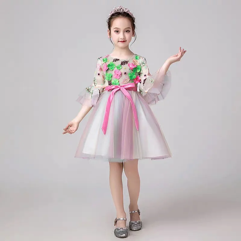 

Baby Infant Fashion New Appliques Flowers Model Show Performance Mesh Dress Kids Teens Elegant Birthday Evening Party Prom Dress