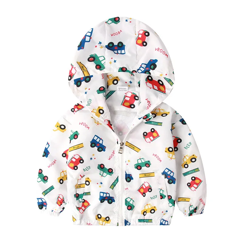 Детские куртки с рисунком динозавра, верхняя одежда для маленьких мальчиков, ветровка на молнии, пальто, куртки с капюшоном, детская одежда - Color: BJ017 white car