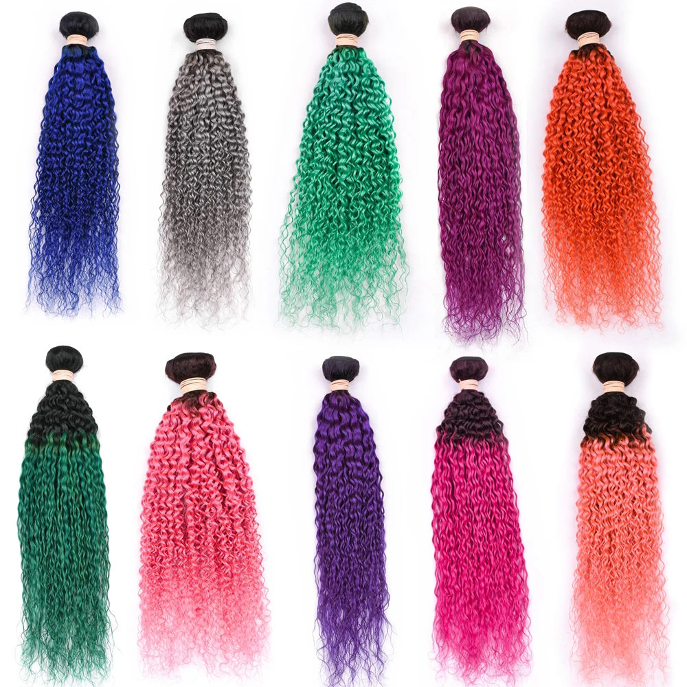 Kinky Curly Ombre Red Pink Orange Yellow Blue Green Grey Purple Human Hair Bundles Remy Brazilian Hair Weave