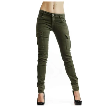 

New Fashion Women Army Green Cotton Denim Pants Multi-pockets Jeans Low Waist Slim Pencil Pants Casual Outside Climb Jeans Pan