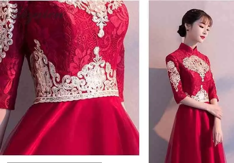 Chinoise Вечерние платья Длинные Qipao Свадебные невесты вышивка красный Традиционный ченсам китайское платье одежда Вечерние платья