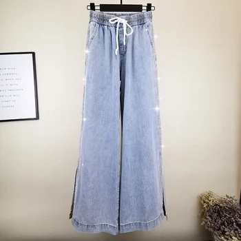 

2019 New Spring Autumn All-match Loose Wide Leg Denim Pants Hot Drilling Elastic High Waist Long Jeans Casual Female Jeans