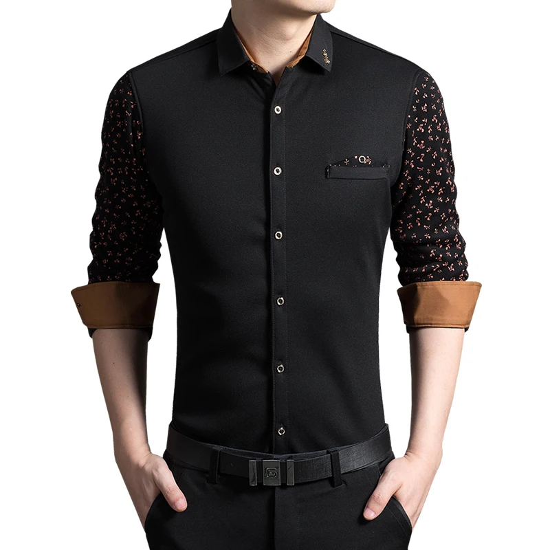 Autumn Winter New British Fashion Korean Male Plush Warm Shirts Printed Busimess Casual Flower Sleeve Long Sleeve shirt
