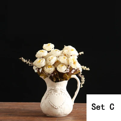 Европейская керамическая ваза, креативная модная керамическая ваза с ручкой, одинарная ваза для цветов, украшение дома, бежевый молочный кувшин, ваза - Цвет: set C